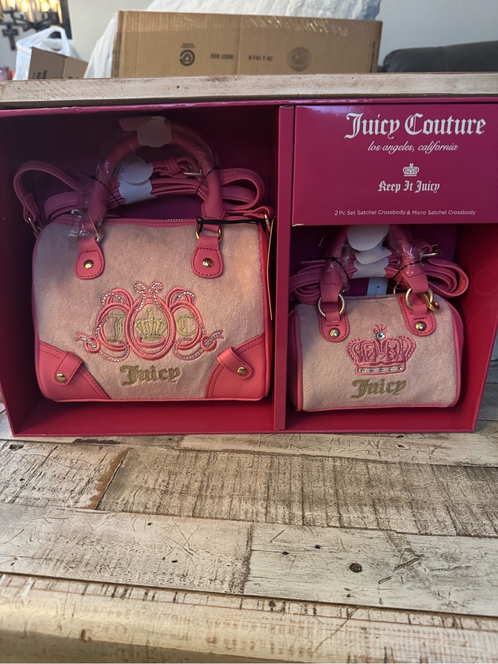 Juicy Couture Lovers Club Pink 2 piece Satchel Set Bowler with Mini Coquette Bow